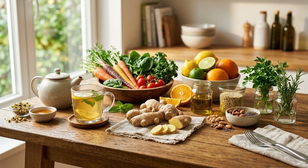 Fresh ginger with healthy foods representing digestion, immunity, and heart health