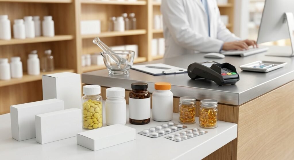 Generic OTC urinary pain relief medicines and urinary health supplements on a clean pharmacy counter