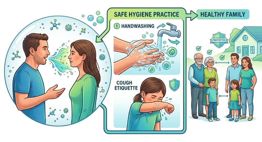 Illustration showing how meningococcal disease spreads through respiratory droplets
