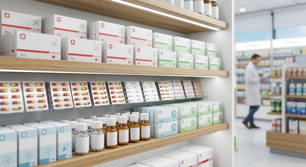 Generic OTC pain pills for muscle aches displayed on a pharmacy counter