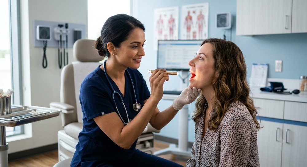 Healthcare provider examining a patient with a sore throat in a modern medical clinic.