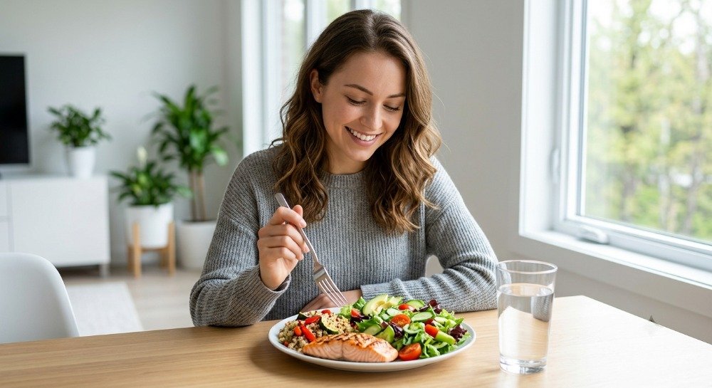 Healthy adult eating a balanced meal to support digestive health and reduce stomach discomfort