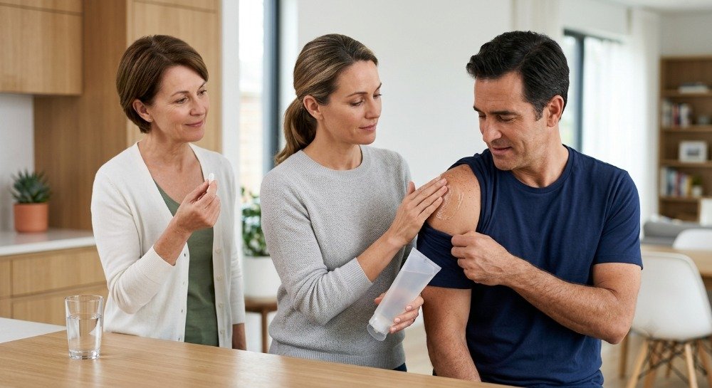 Person using OTC muscle pain relief gel and tablets for sore muscles.