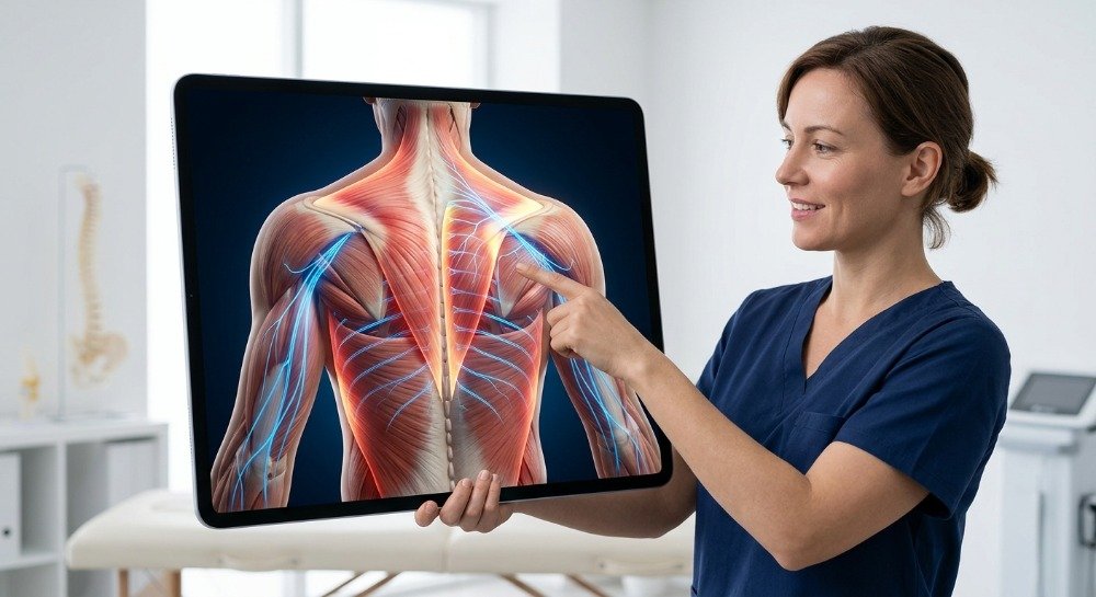 Healthcare professional explaining how methocarbamol works to relax painful muscles.