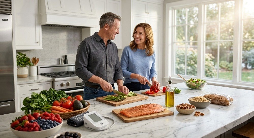 Heart-healthy lifestyle including exercise, healthy food, and blood pressure monitoring.