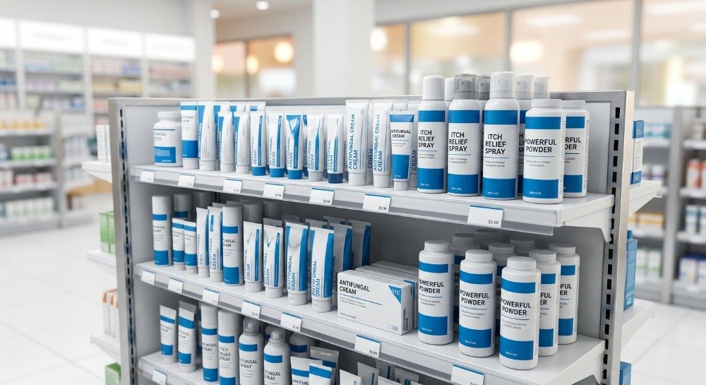 Generic OTC antifungal creams, sprays, and powders arranged on a pharmacy shelf