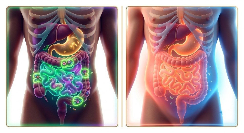 Comparison of trapped gas and abdominal bloating in the digestive system.