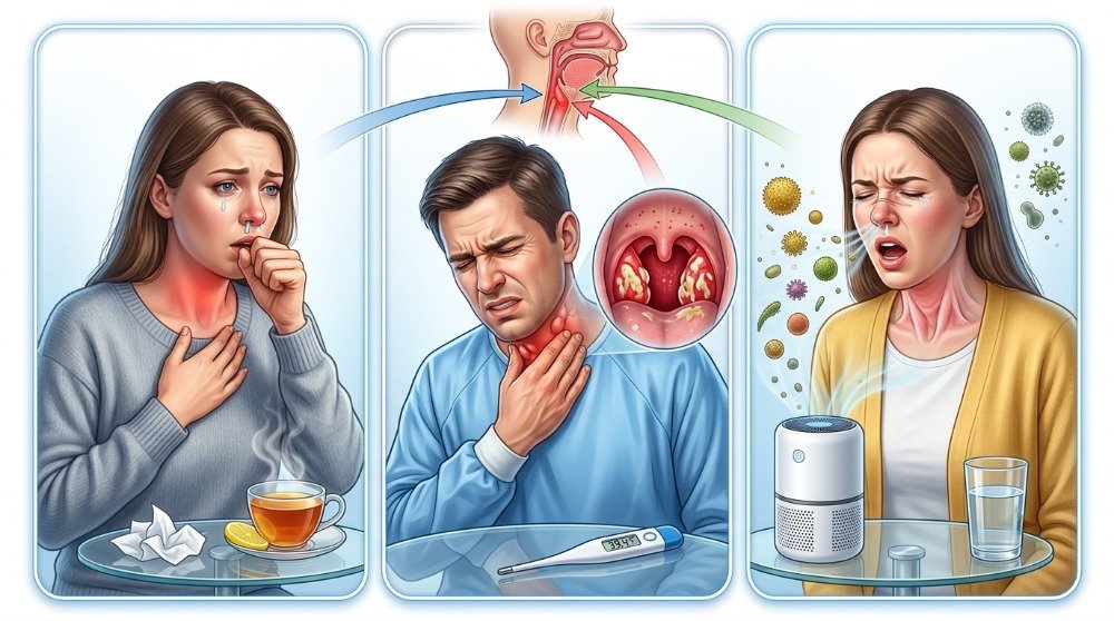 White patches on swollen tonsils during a throat examination.