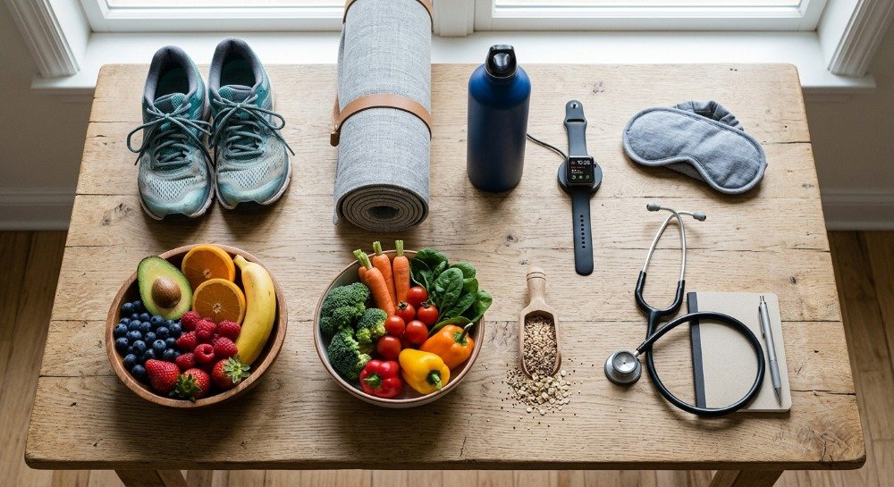 Healthy lifestyle habits including nutrition exercise hydration and sleep