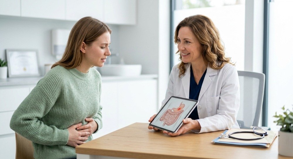 Doctor consulting an adult patient with stomach pain in a modern medical clinic