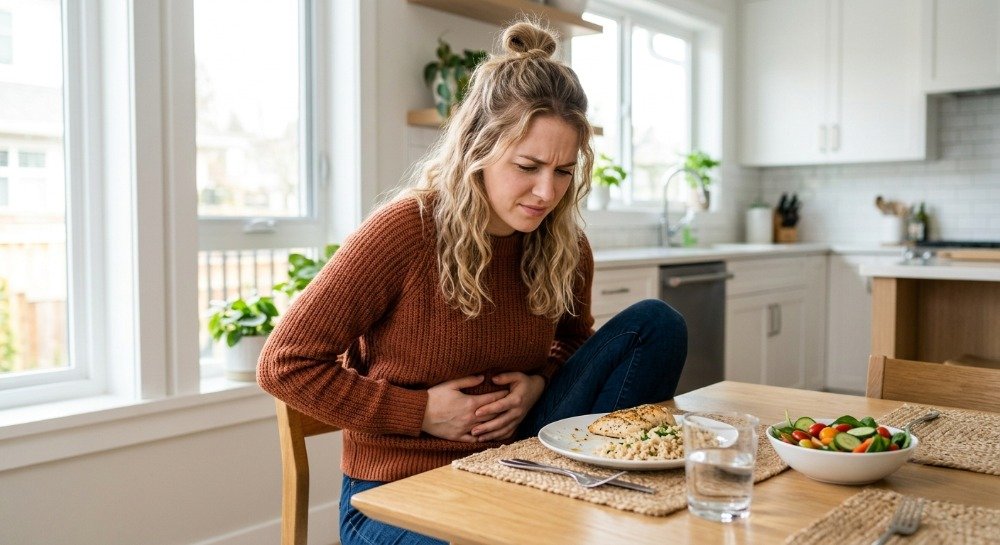 Person experiencing common food poisoning symptoms after eating a meal.