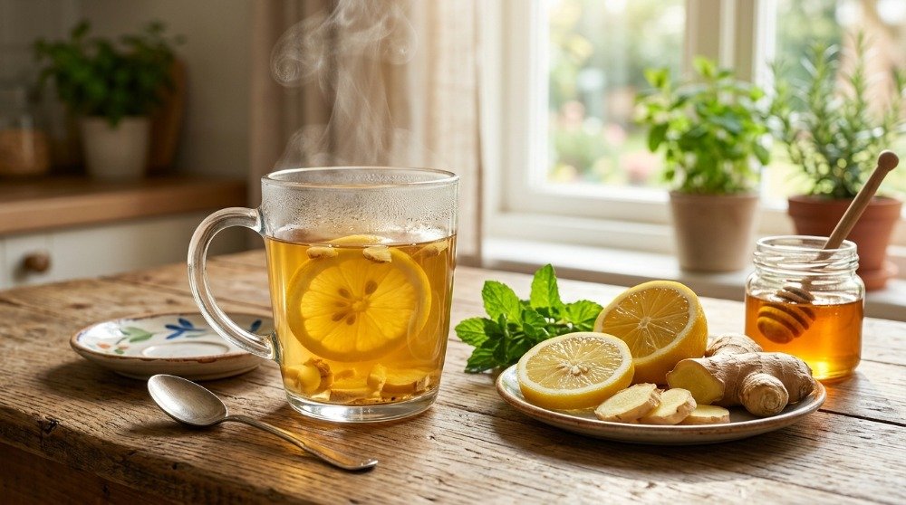 Benefits of ginger root tea with lemon prepared using fresh ginger and lemon slices