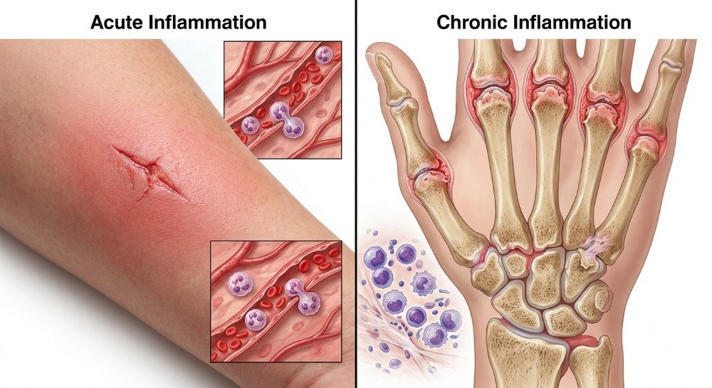 Comparison between acute inflammation and chronic inflammation.