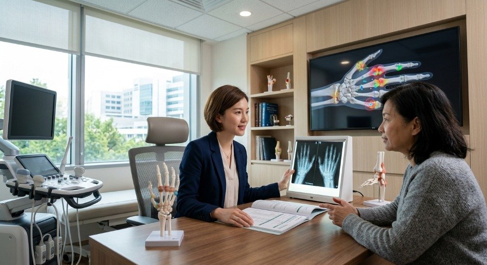 Doctor diagnosing rheumatoid arthritis using X-rays and laboratory results.