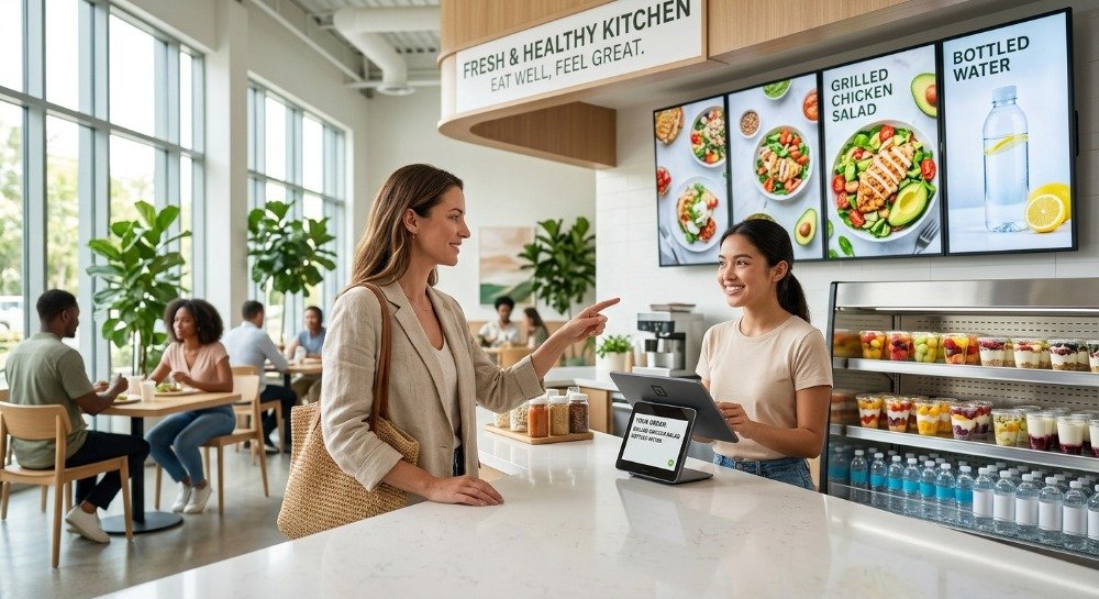 Customer choosing healthy fast food options at a restaurant