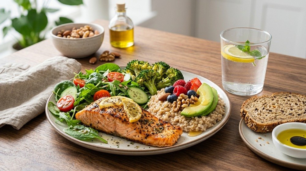 Heart healthy diet for high blood pressure with fresh vegetables, fruits, whole grains, salmon, and healthy foods on a wooden table