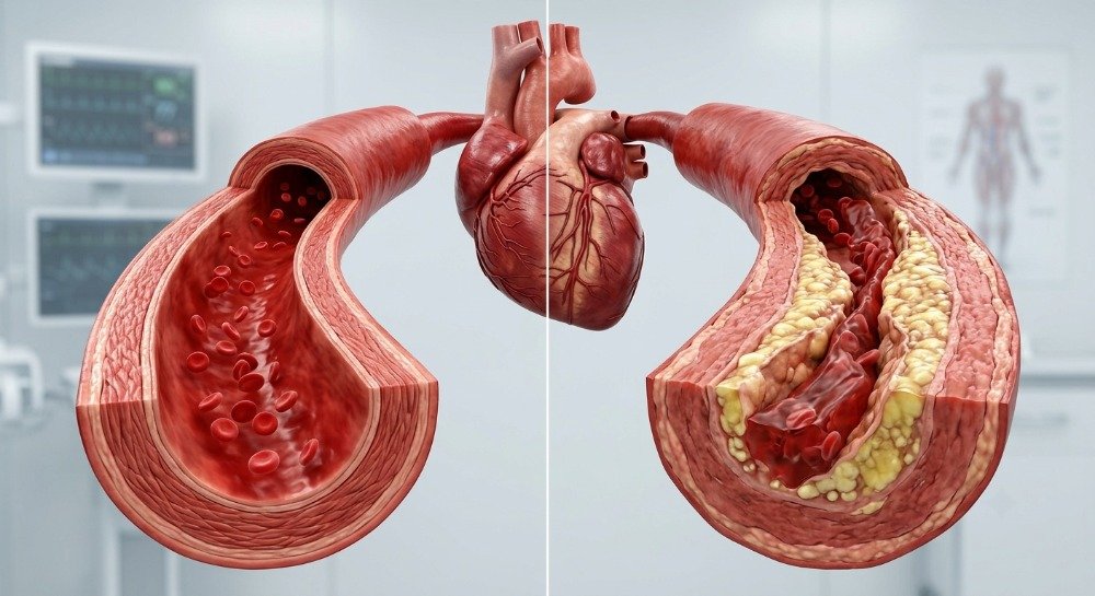 Comparison of healthy arteries and narrowed arteries affected by plaque buildup caused by high blood pressure.