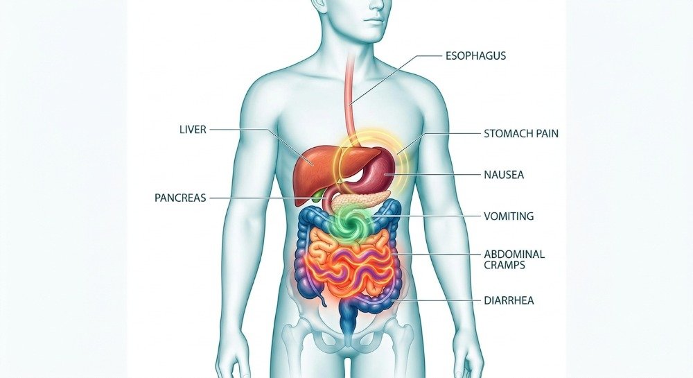 Illustration showing common food poisoning symptoms affecting the digestive system.