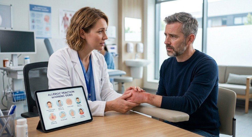 Doctor explaining emergency warning signs after a bee sting during a medical consultation.