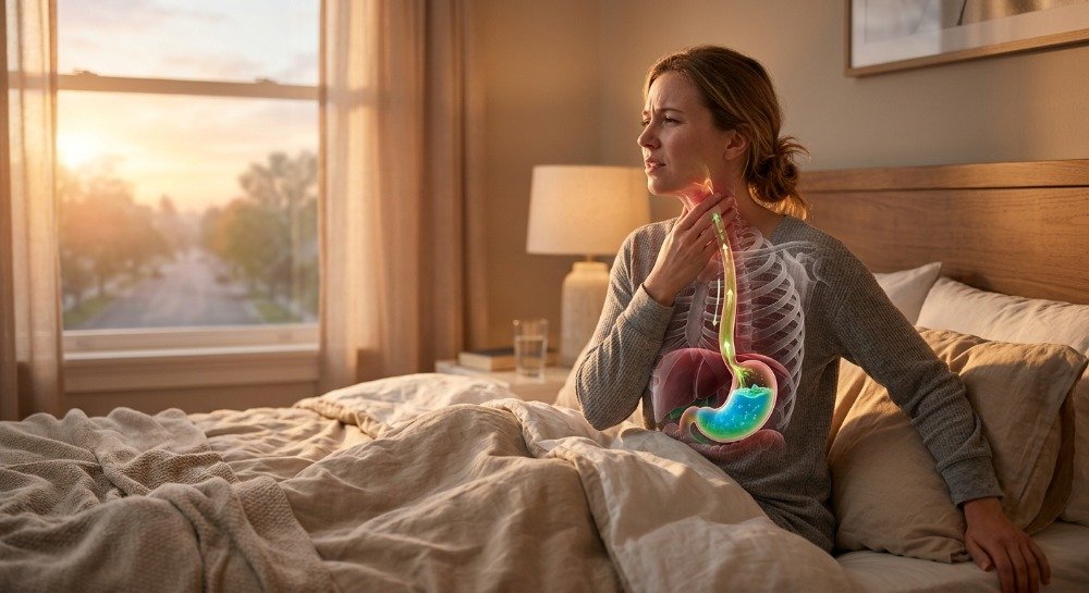 Person waking up with a sore throat caused by acid reflux while sleeping.