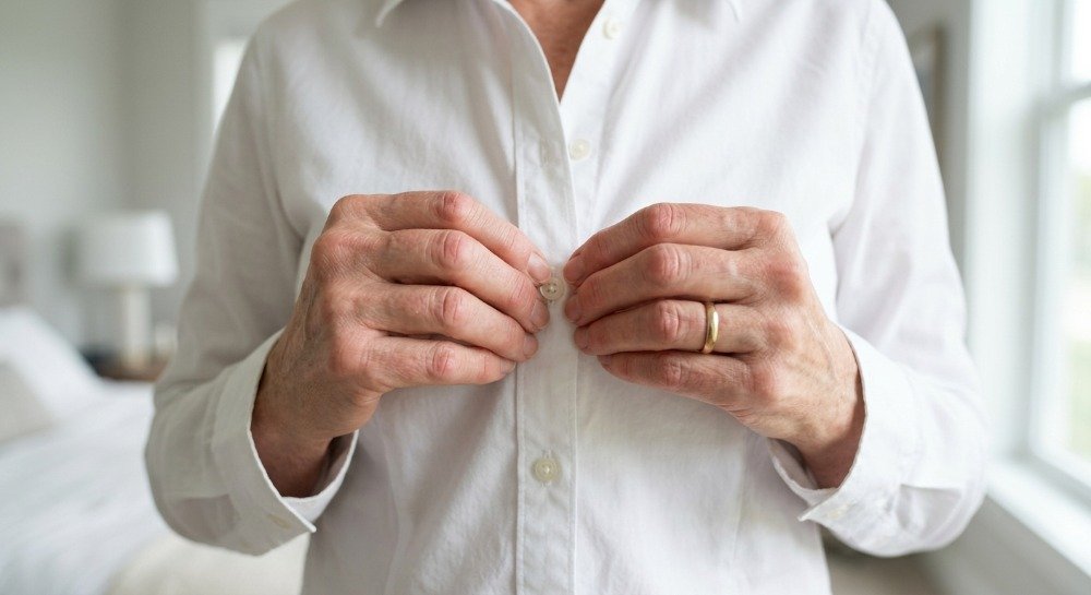 Hands showing early rheumatoid arthritis symptoms with finger stiffness.