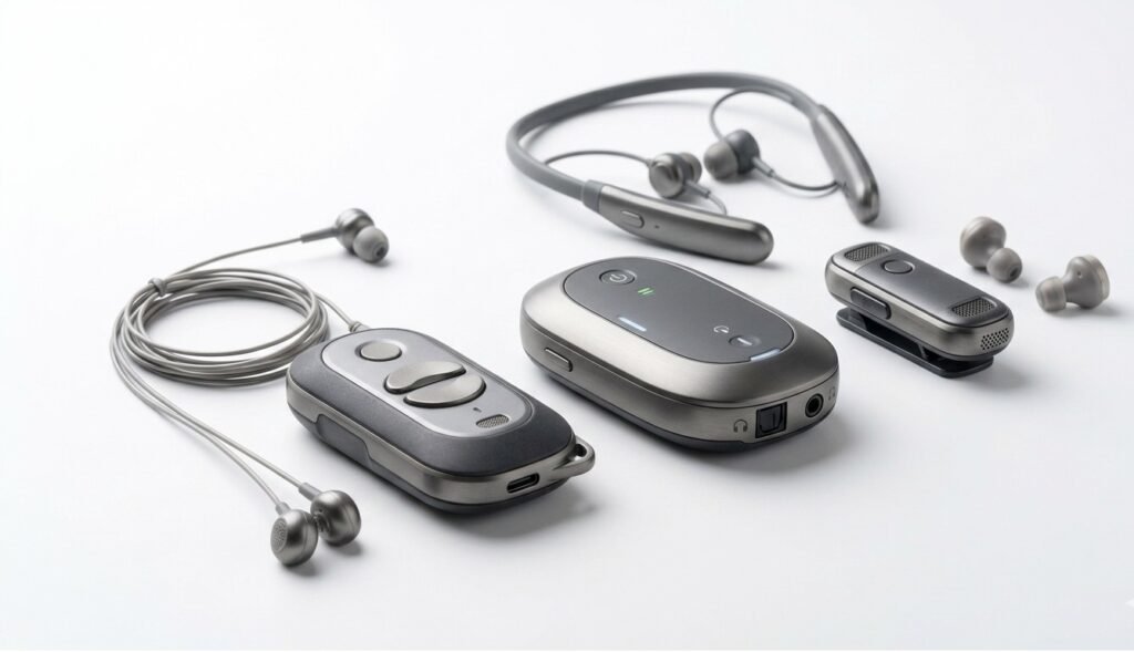 Modern hearing assistance devices displayed on a clean white background for people with hearing loss.