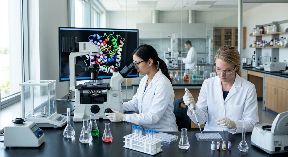 Scientists conducting pharmaceutical research to develop innovative medicines and treatments