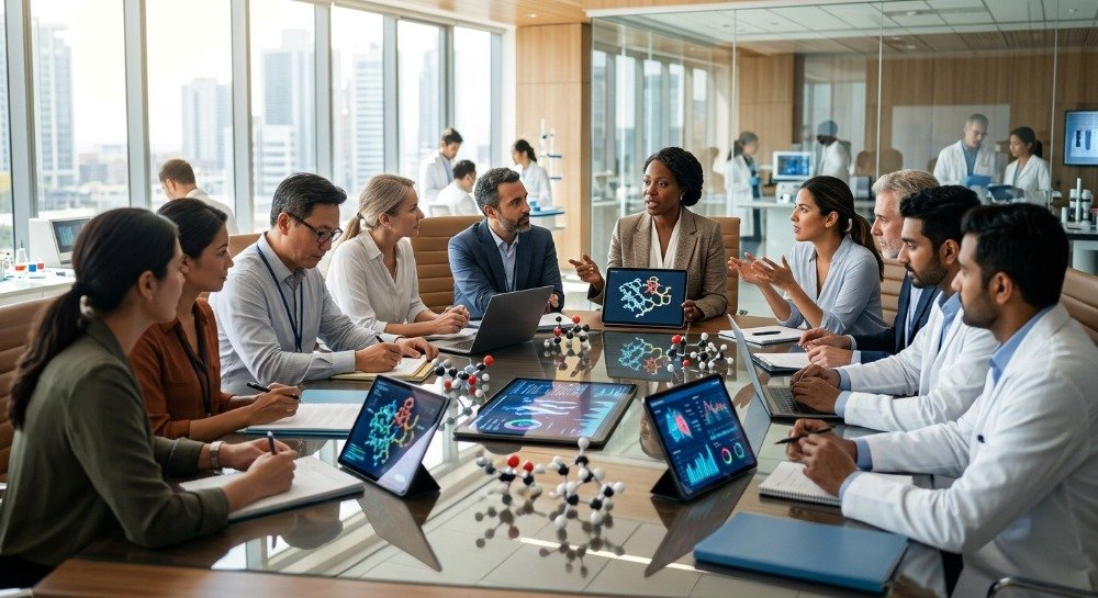 International scientists collaborating to advance pharmaceutical research and improve global healthcare