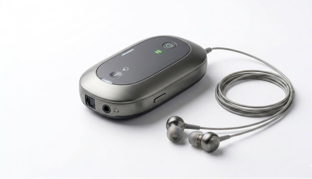 Compact handheld personal sound amplifier with earbuds for improving one on one conversations.