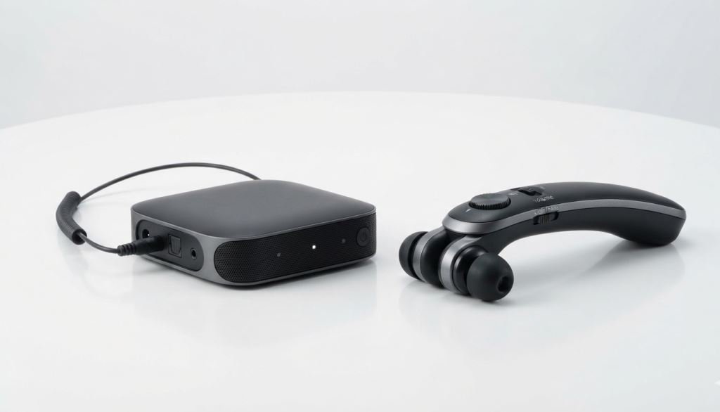 Wireless TV listening system with a compact transmitter and portable receiver for clearer television audio.