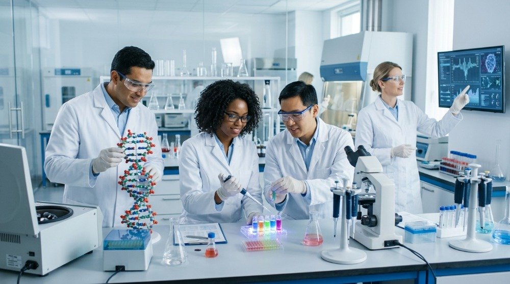 Scientists collaborating in a modern pharmaceutical laboratory to develop innovative medicines