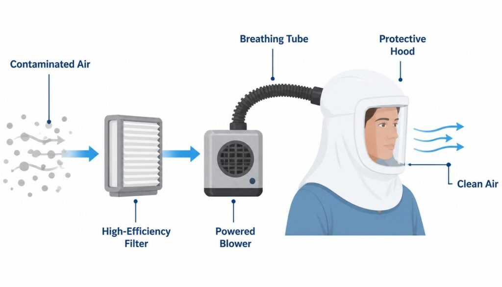 Illustration showing how a powered air purifying respirator work