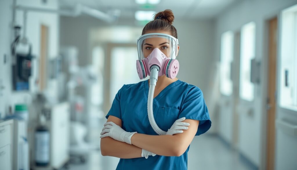 Female healthcare professional wearing a Powered Air Purifying Respirator (PAPR) with a transparent hood, breathing tube, and blower unit in a modern hospital.