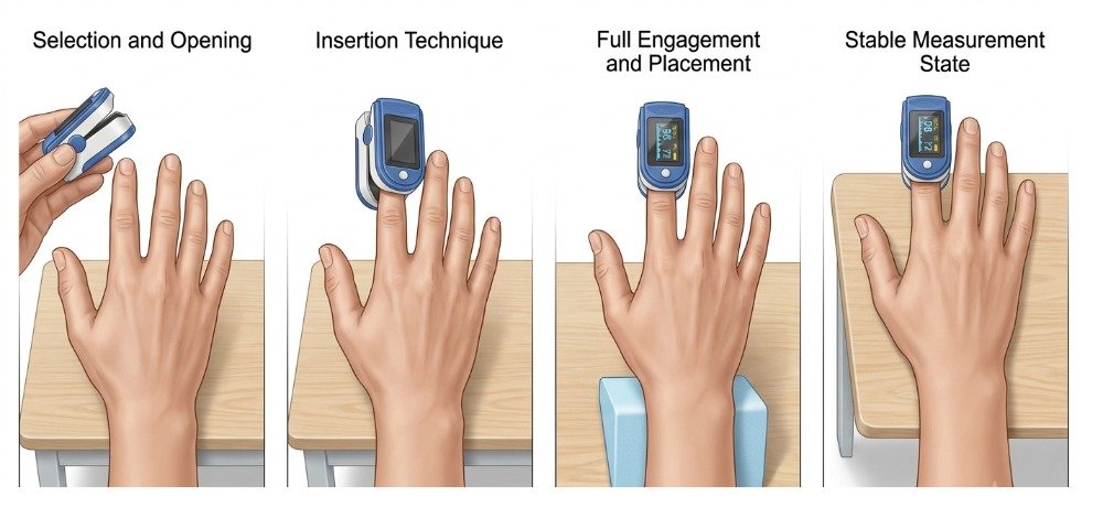 Correct finger placement inside a pulse oximeter for accurate oxygen saturation readings