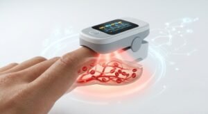 Close-up medical illustration showing how a pulse oximeter measures blood oxygen saturation