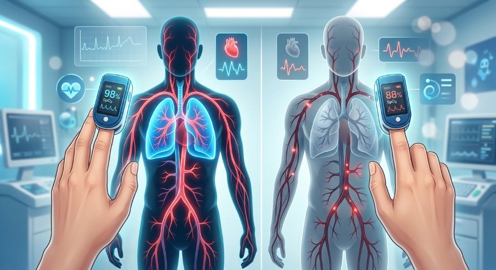 Comparison of normal and low oxygen saturation readings on pulse oximeters
